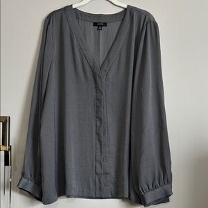 Alfani XXL Gray V-Neck Button-Front Blouse Charcoal Silky Satiny Poly Blouse
